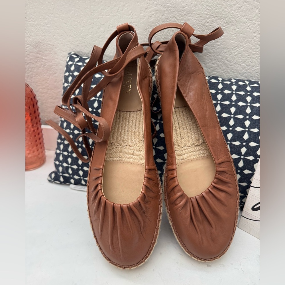 Size 11  leather lace up espadrilles Lauren COGNAC - Picture 3 of 8